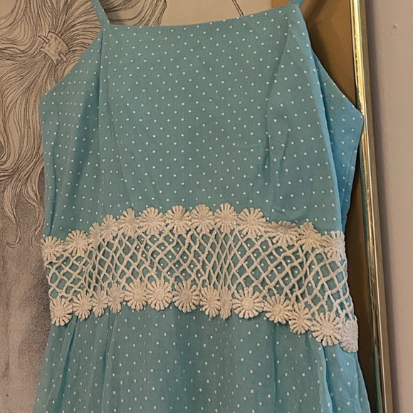 vintage light blue lace polka dot maxi dress daisy lace empire waist - Picture 5 of 13